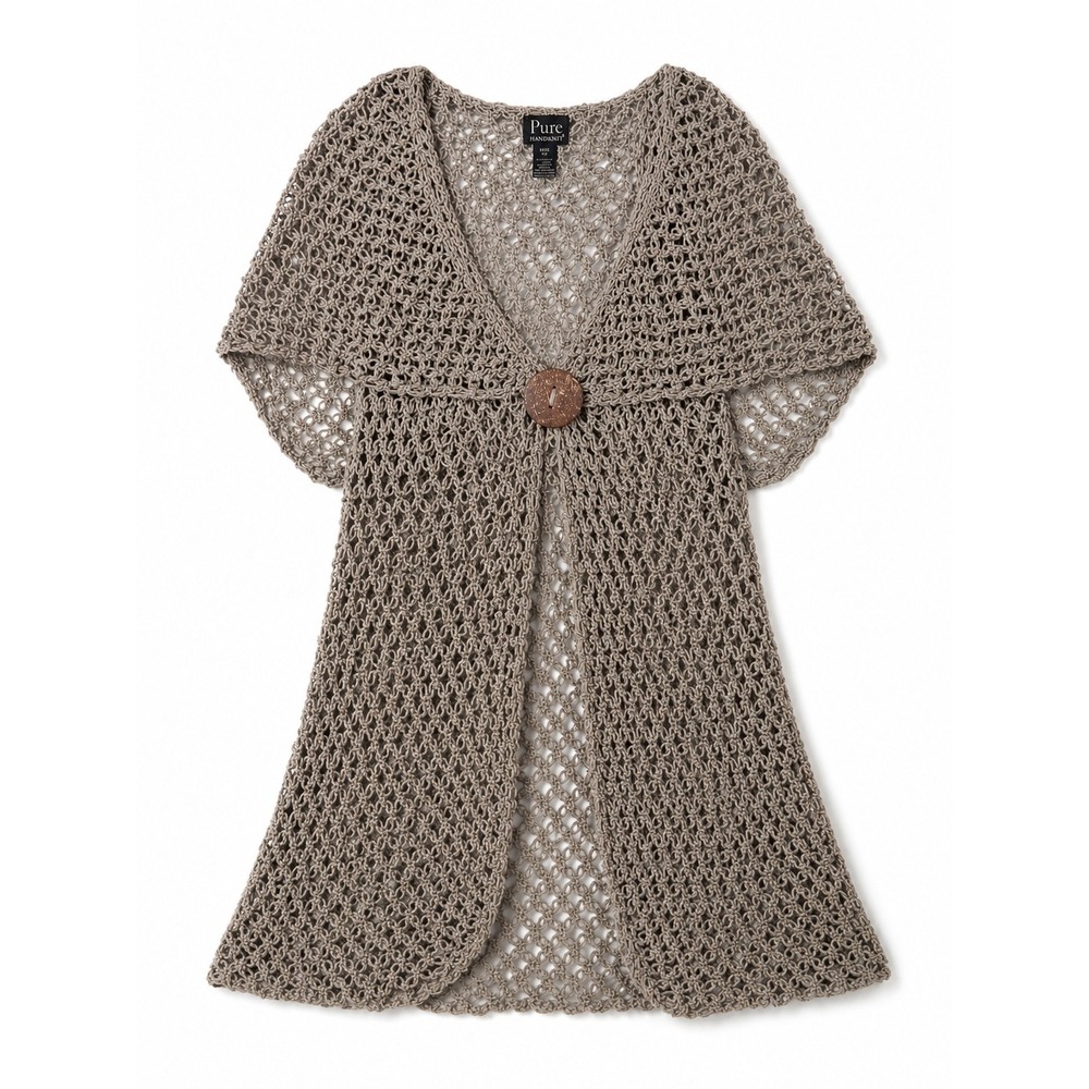 Pure Handknit XS / S Cardigan Vest Open Knit Cotton Taupe Wood Button Boho Layer
